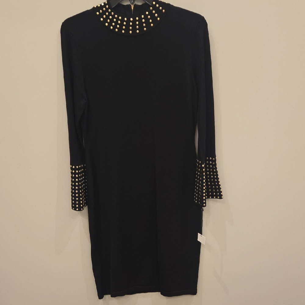 Calvin Klein Black Long Sleeve Dress with Gold Stud Accents Medium NWT